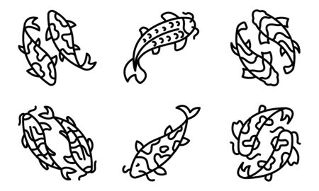 Koi carp icons set, outline styleのイラスト素材