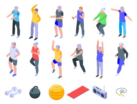 Workout seniors icons set, isometric styleのイラスト素材