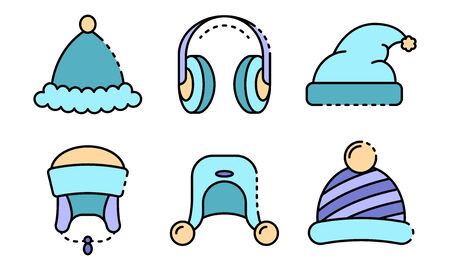 Winter headwear icons set line color vectorのイラスト素材