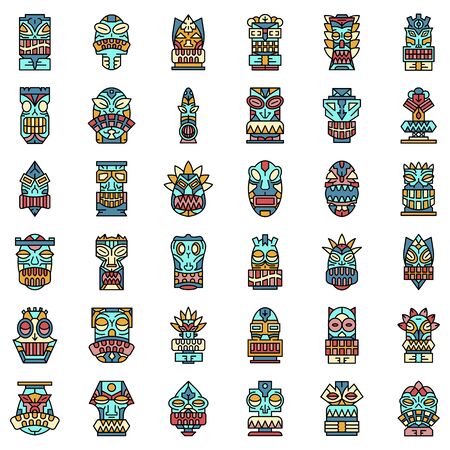Tiki idols icon set line color vectorのイラスト素材