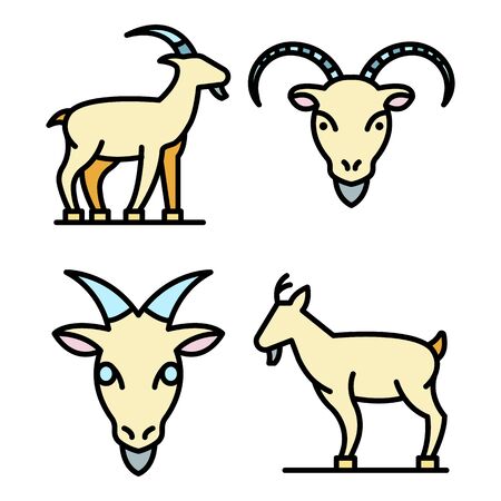 Goat icons set. Outline set of goat vector icons thin line color flat on whiteのイラスト素材