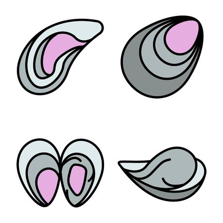 Mussels icons set. Outline set of mussels vector icons thin line color flat on whiteのイラスト素材