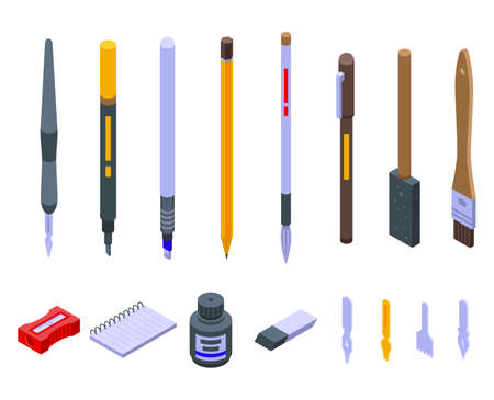 Calligraphy tools icons set, isometric styleのイラスト素材
