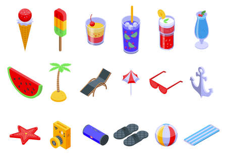Summer party icons set, isometric styleのイラスト素材