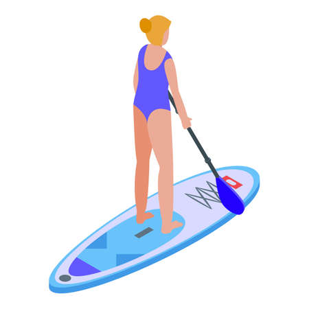 Girl stand up paddle icon, isometric styleのイラスト素材