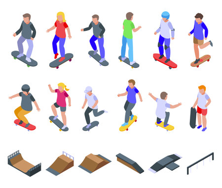 Children skateboarding icons set, isometric styleのイラスト素材
