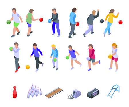 Kids playing bowling icons set, isometric styleのイラスト素材