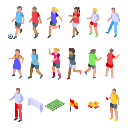 Kids playing soccer icons set, isometric styleのイラスト素材