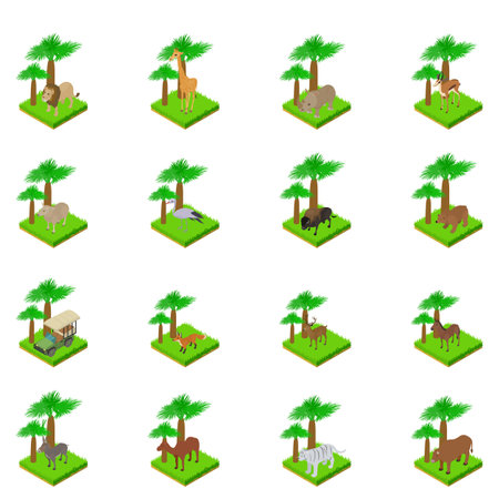 Safari icons set. Isometric set of 16 safari icons for web isolated on white backgroundの写真素材