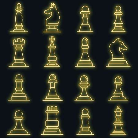Chess icons set. Outline set of Chess vector icons neon color on blackのイラスト素材