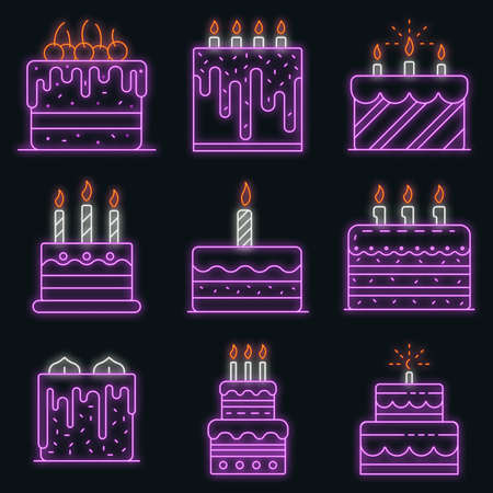 Cake birthday icons set. Outline set of cake birthday vector icons neon color on black