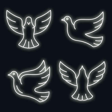 Dove icons set. Outline set of dove vector icons neon color on blackのイラスト素材