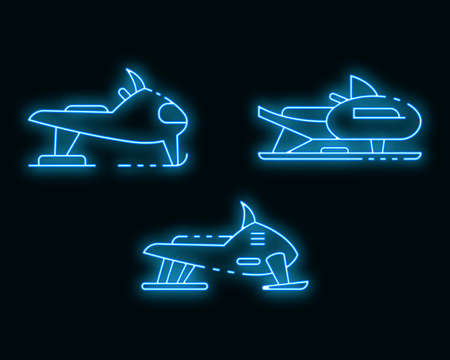 Snowmobile icons set. Outline set of snowmobile vector icons neon color on blackのイラスト素材