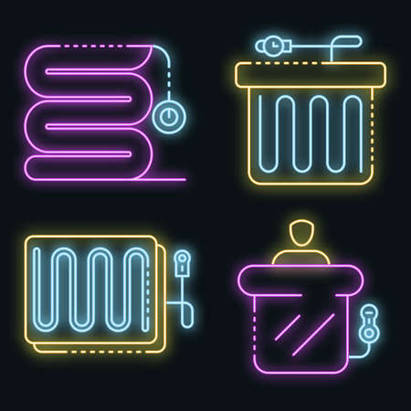 Electric blanket icons set. Outline set of electric blanket vector icons neon color on blackのイラスト素材