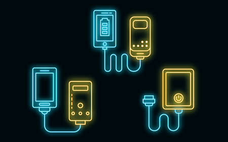 Power bank icons set. Outline set of power bank vector icons neon color on blackのイラスト素材