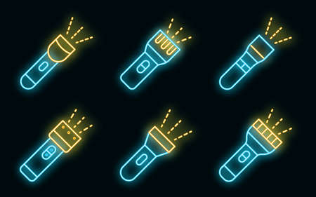 Flashlight icons set. Outline set of flashlight vector icons neon color on blackのイラスト素材