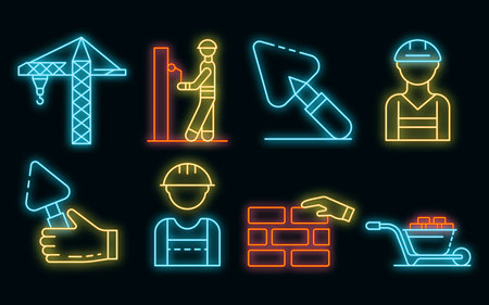 Masonry worker icons set. Outline set of masonry worker vector icons neon color on blackのイラスト素材