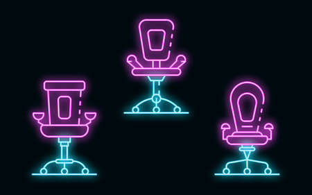 Desk chair icons set. Outline set of desk chair vector icons neon color on blackのイラスト素材