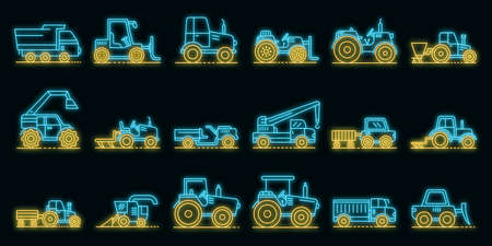 Agricultural machines icons set. Outline set of agricultural machines vector icons neon color on blackのイラスト素材