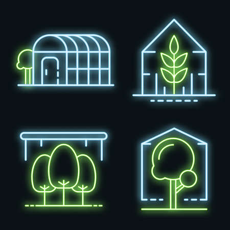 Greenhouse icons set. Outline set of greenhouse vector icons neon color on blackのイラスト素材