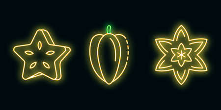 Carambola icons set. Outline set of carambola vector icons neon color on blackのイラスト素材