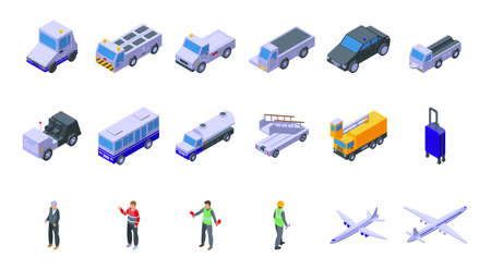 Airport ground support service icons set. Isometric set of airport ground support service vector icons for web design isolated on white backgroundのイラスト素材