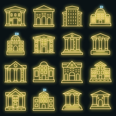 Courthouse icons set. Outline set of courthouse vector icons neon color on blackのイラスト素材