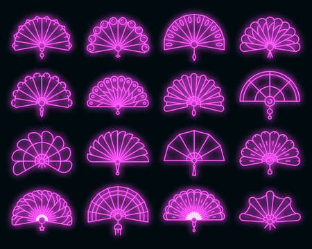 Handheld fan icons set. Outline set of handheld fan vector icons neon color on blackのイラスト素材