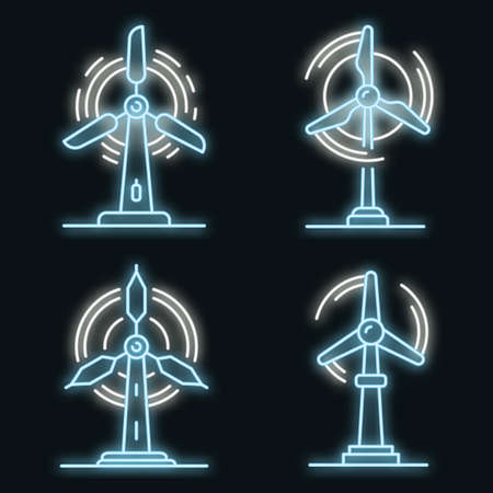 Wind turbine icons set. Outline set of wind turbine vector icons neon color on blackのイラスト素材