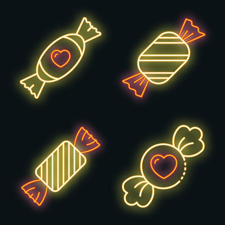 Toffee icons set. Outline set of toffee vector icons neon color on blackのイラスト素材