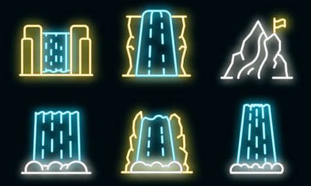 Cascade icons set. Outline set of cascade vector icons neon color on blackのイラスト素材