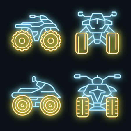 Quad bike icons set. Outline set of quad bike vector icons neon color on blackのイラスト素材