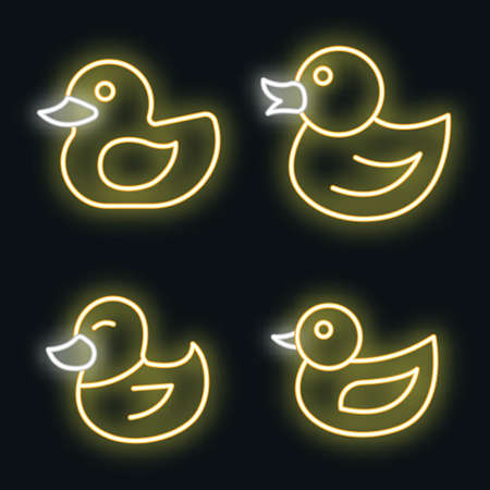 Duck icons set. Outline set of duck vector icons neon color on blackのイラスト素材