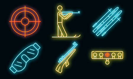 Biathlon icons set. Outline set of biathlon vector icons neon color on blackのイラスト素材