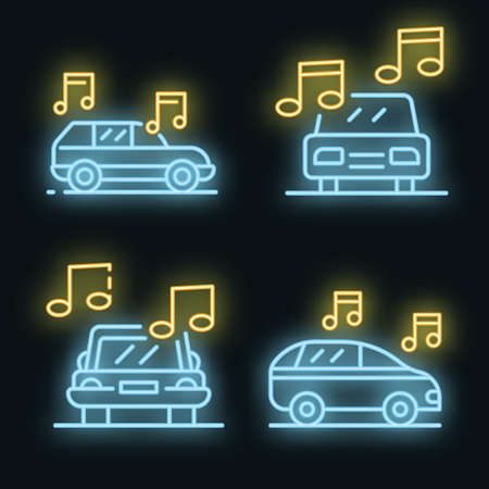 Car audio icons set. Outline set of car audio vector icons neon color on blackのイラスト素材