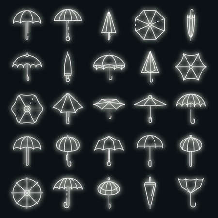 Umbrella icons set. Outline set of umbrella vector icons neon color on blackのイラスト素材
