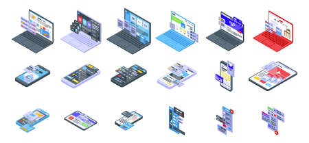 Interface icons set. Isometric set of interface vector icons for web design isolated on white...