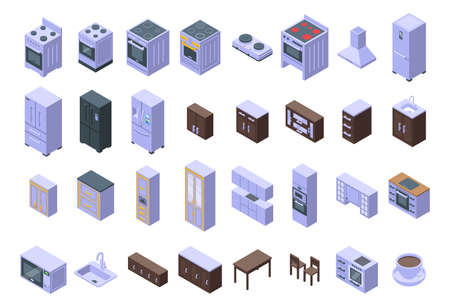 Kitchen furniture icons set. Isometric set of kitchen furniture vector icons for web design isolated on white backgroundのイラスト素材