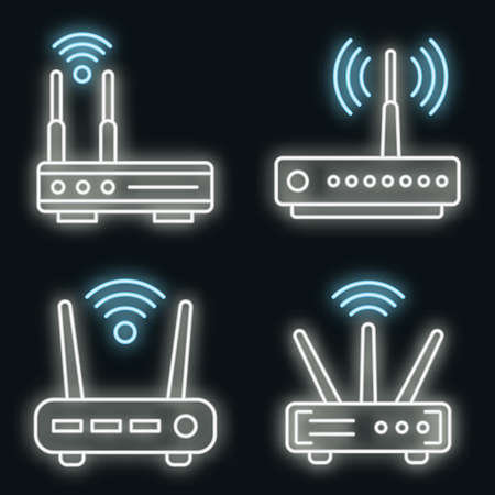 Router icons set. Outline set of router vector icons neon color on black