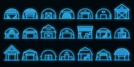 Hangar icons set. Outline set of hangar vector icons neon color on blackのイラスト素材