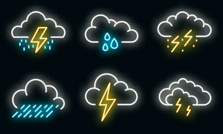 Thunderstorm icons set. Outline set of thunderstorm vector icons neon color on black