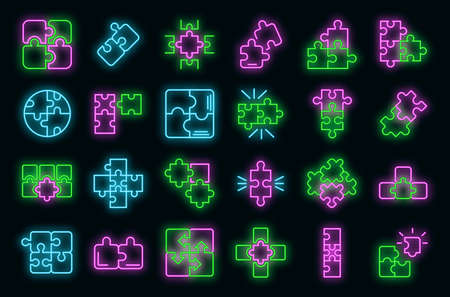 Jigsaw icons set. Outline set of jigsaw vector icons neon color on blackのイラスト素材