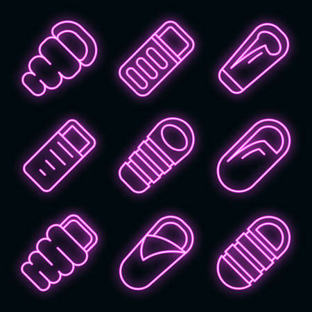 Sleeping bag icons set. Outline set of sleeping bag vector icons neon color on blackのイラスト素材