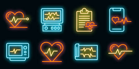 Electrocardiogram icons set. Outline set of electrocardiogram vector icons neon color on black