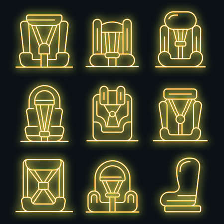 Baby car seat icons set. Outline set of baby car seat vector icons neon color on blackのイラスト素材