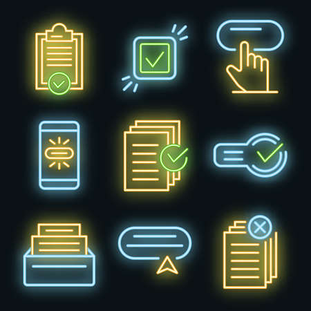 Request icons set. Outline set of request vector icons neon color on blackのイラスト素材