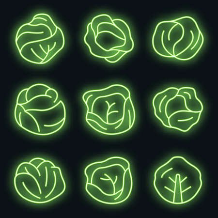 Cabbage icons set. Outline set of cabbage vector icons neon color on blackのイラスト素材