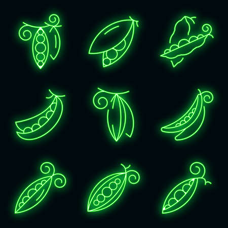 Peas icons set. Outline set of peas vector icons neon color on blackのイラスト素材