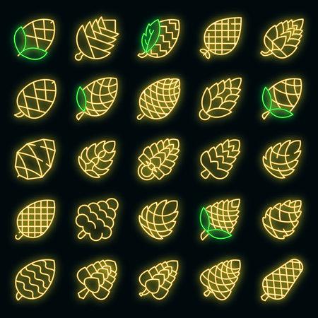 Pine cone icons set. Outline set of pine cone vector icons neoncolor on blackのイラスト素材