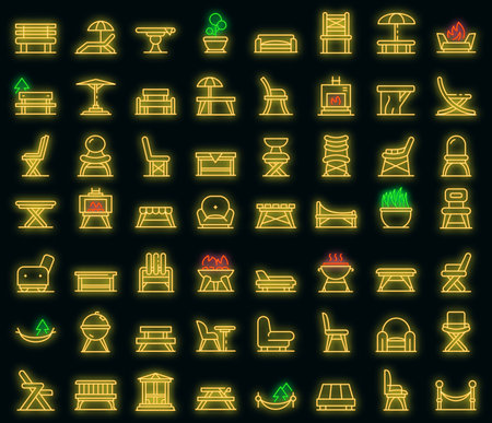 Garden furniture icons set. Outline set of Garden furniture vector icons neoncolor on blackのイラスト素材
